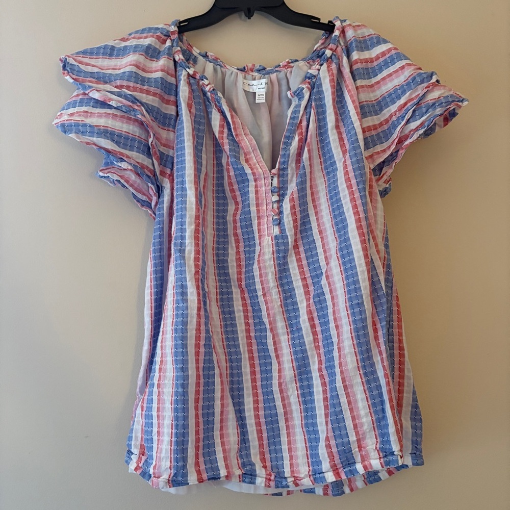 Chelsea & Theodore Striped Flutter Sleeve Cotton Top Red Blue White 2X NWOT